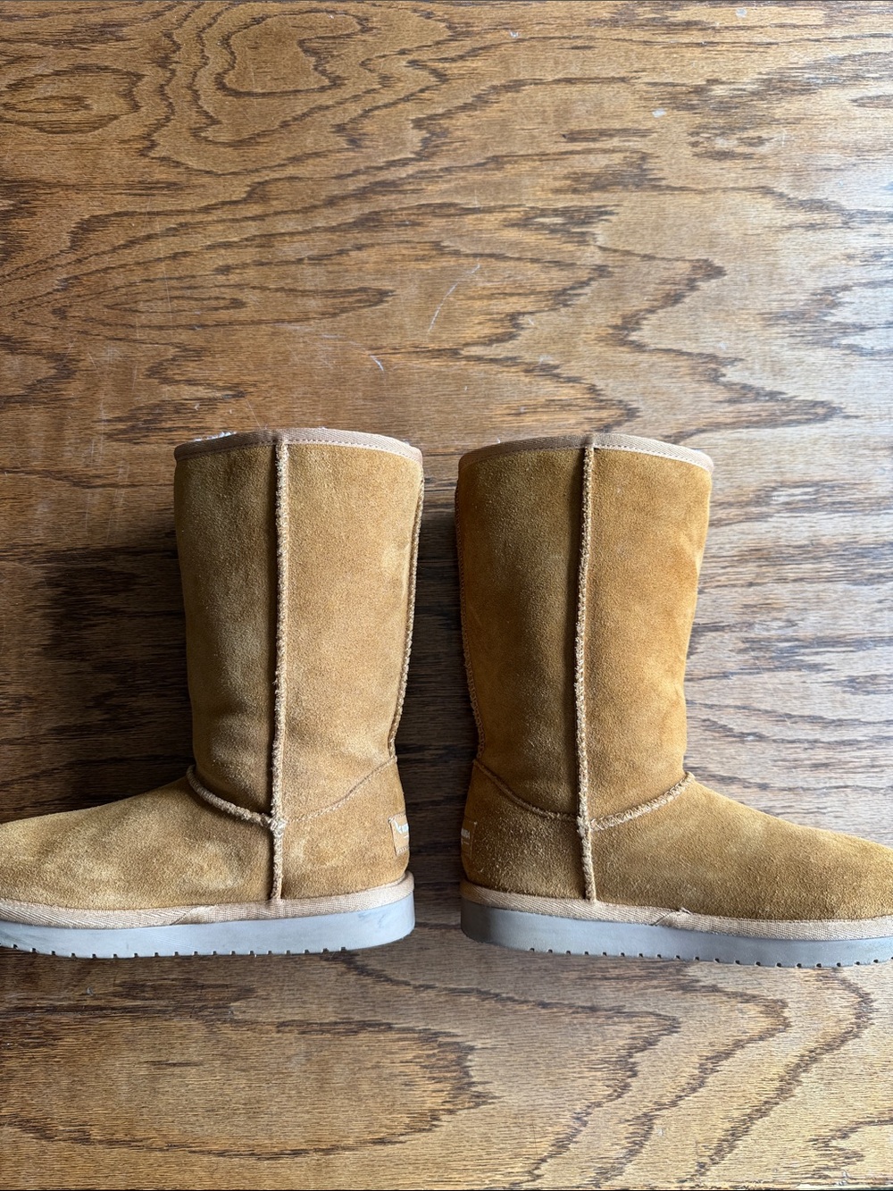 Koolaburra Kids Tan Suede Boots with White Fur Pom-Poms - Picture 2 of 5